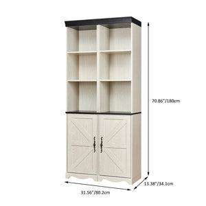 English Elm Farmhouse Tall Bookcase with Barn Doors Open Cubbies and Modular Mdf Wood Grain Build White W2899S00025
