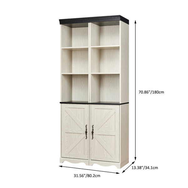 English Elm Farmhouse Tall Bookcase with Barn Doors Open Cubbies and Modular Mdf Wood Grain Build White W2899S00025