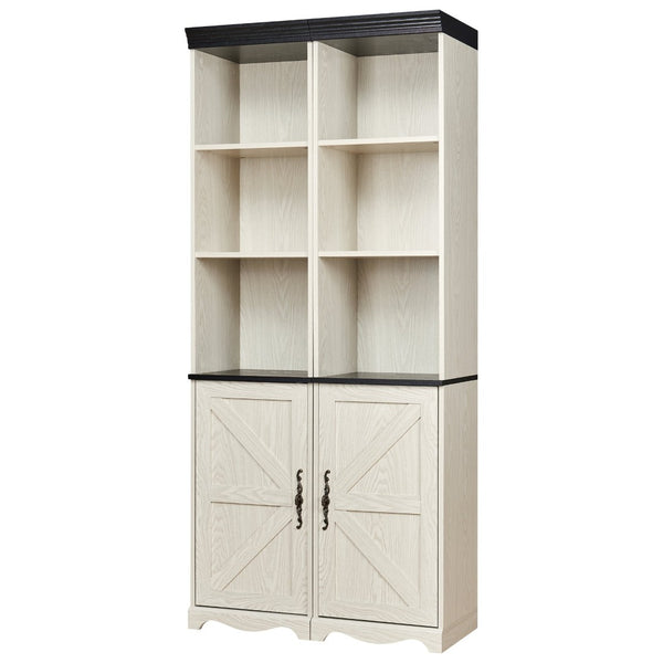 English Elm Farmhouse Tall Bookcase with Barn Doors Open Cubbies and Modular Mdf Wood Grain Build White W2899S00025