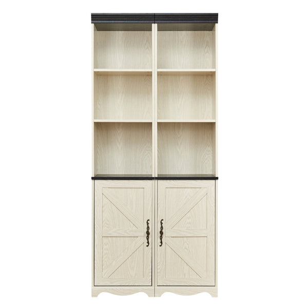 English Elm Farmhouse Tall Bookcase with Barn Doors Open Cubbies and Modular Mdf Wood Grain Build White W2899S00025