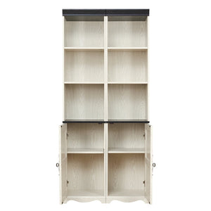 English Elm Farmhouse Tall Bookcase with Barn Doors Open Cubbies and Modular Mdf Wood Grain Build White W2899S00025