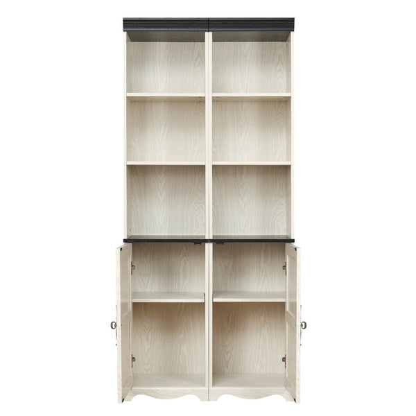 English Elm Farmhouse Tall Bookcase with Barn Doors Open Cubbies and Modular Mdf Wood Grain Build White W2899S00025