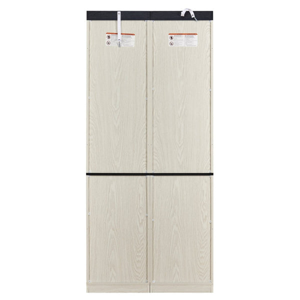 English Elm Farmhouse Tall Bookcase with Barn Doors Open Cubbies and Modular Mdf Wood Grain Build White W2899S00025