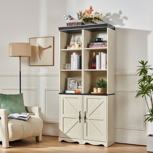 English Elm Farmhouse Tall Bookcase with Barn Doors Open Cubbies and Modular Mdf Wood Grain Build White W2899S00025