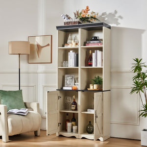 English Elm Farmhouse Tall Bookcase with Barn Doors Open Cubbies and Modular Mdf Wood Grain Build White W2899S00025