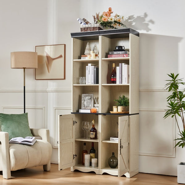 English Elm Farmhouse Tall Bookcase with Barn Doors Open Cubbies and Modular Mdf Wood Grain Build White W2899S00025
