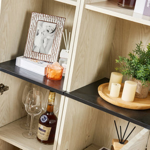 English Elm Farmhouse Tall Bookcase with Barn Doors Open Cubbies and Modular Mdf Wood Grain Build White W2899S00025