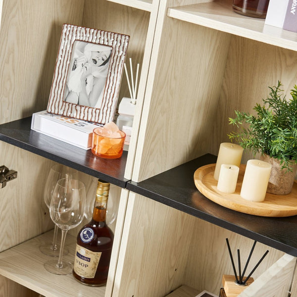English Elm Farmhouse Tall Bookcase with Barn Doors Open Cubbies and Modular Mdf Wood Grain Build White W2899S00025