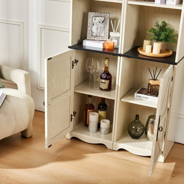 English Elm Farmhouse Tall Bookcase with Barn Doors Open Cubbies and Modular Mdf Wood Grain Build White W2899S00025