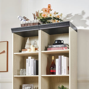 English Elm Farmhouse Tall Bookcase with Barn Doors Open Cubbies and Modular Mdf Wood Grain Build White W2899S00025