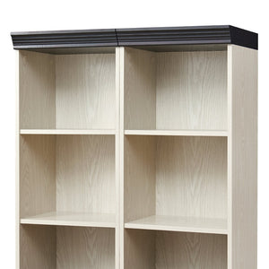 English Elm Farmhouse Tall Bookcase with Barn Doors Open Cubbies and Modular Mdf Wood Grain Build White W2899S00025