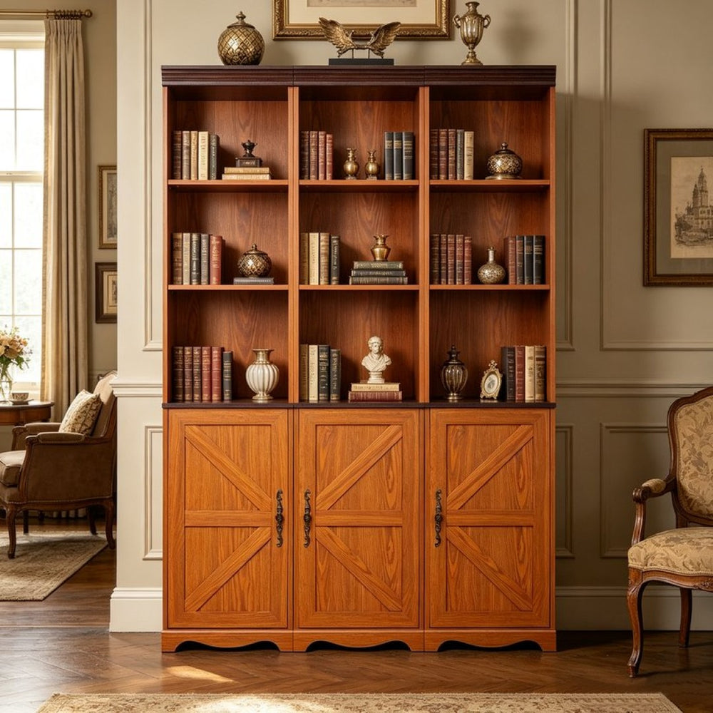 English Elm Farmhouse Modular Bookcase with Open Cubbies Closed Cabinet and Wood Grain Mdf Build Dark Oak W2899S00026