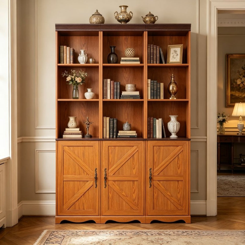 English Elm Farmhouse Modular Bookcase with Open Cubbies Closed Cabinet and Wood Grain Mdf Build Dark Oak W2899S00026