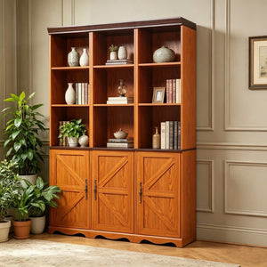 English Elm Farmhouse Modular Bookcase with Open Cubbies Closed Cabinet and Wood Grain Mdf Build Dark Oak W2899S00026