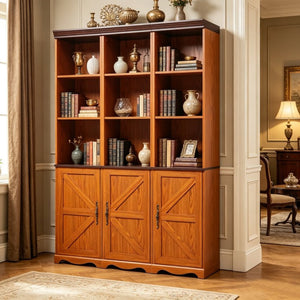 English Elm Farmhouse Modular Bookcase with Open Cubbies Closed Cabinet and Wood Grain Mdf Build Dark Oak W2899S00026