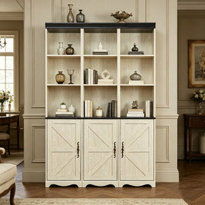 English Elm Farmhouse Modular Bookcase with Open Cubbies Closed Cabinet and Wood Grain Mdf Build White W2899S00027