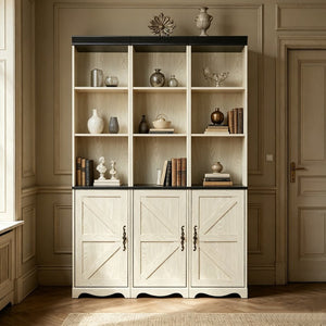 English Elm Farmhouse Modular Bookcase with Open Cubbies Closed Cabinet and Wood Grain Mdf Build White W2899S00027