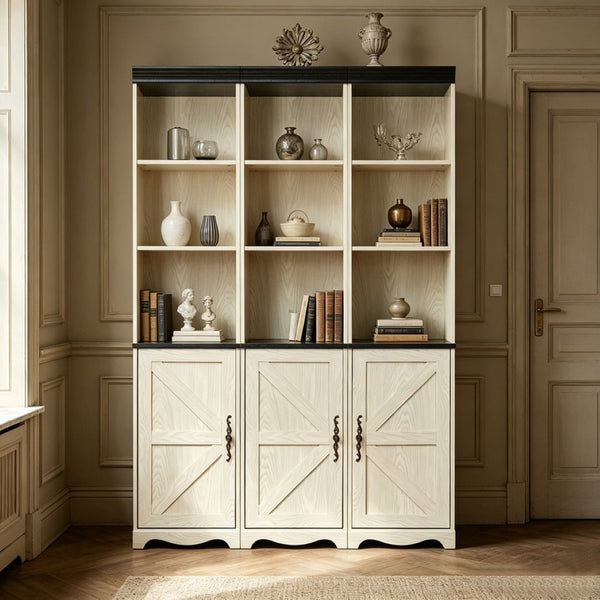 English Elm Farmhouse Modular Bookcase with Open Cubbies Closed Cabinet and Wood Grain Mdf Build White W2899S00027