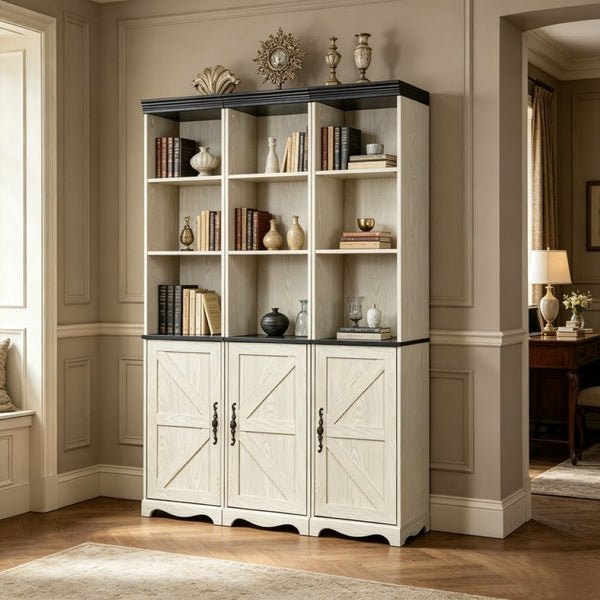 English Elm Farmhouse Modular Bookcase with Open Cubbies Closed Cabinet and Wood Grain Mdf Build White W2899S00027
