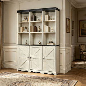 English Elm Farmhouse Modular Bookcase with Open Cubbies Closed Cabinet and Wood Grain Mdf Build White W2899S00027