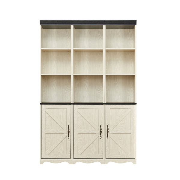 English Elm Farmhouse Modular Bookcase with Open Cubbies Closed Cabinet and Wood Grain Mdf Build White W2899S00027