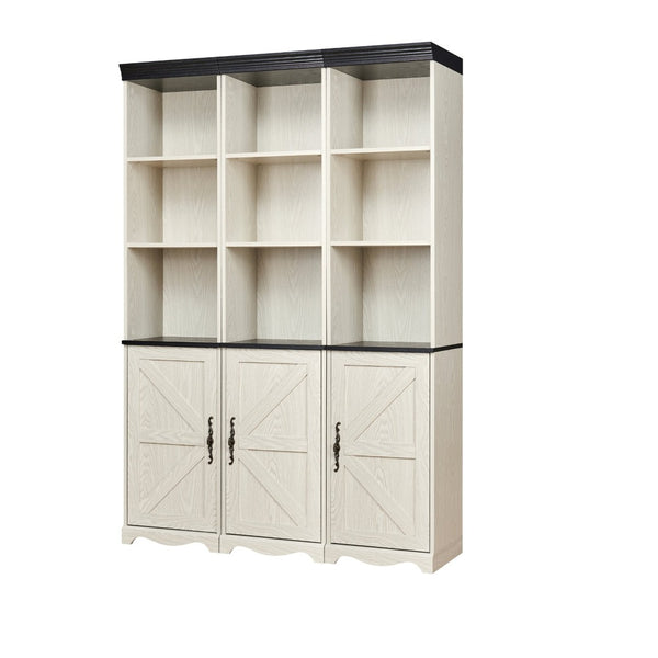 English Elm Farmhouse Modular Bookcase with Open Cubbies Closed Cabinet and Wood Grain Mdf Build White W2899S00027