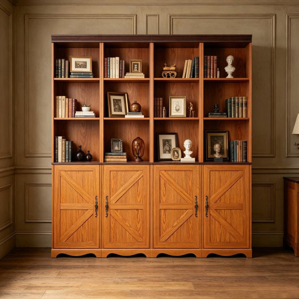 English Elm 4-in-1 Modular Farmhouse Bookcase with Open Cubbies and Closed Storage for Home Office Dark Oak W2899S00028