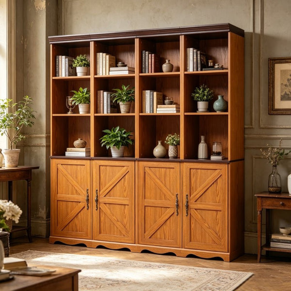 English Elm 4-in-1 Modular Farmhouse Bookcase with Open Cubbies and Closed Storage for Home Office Dark Oak W2899S00028