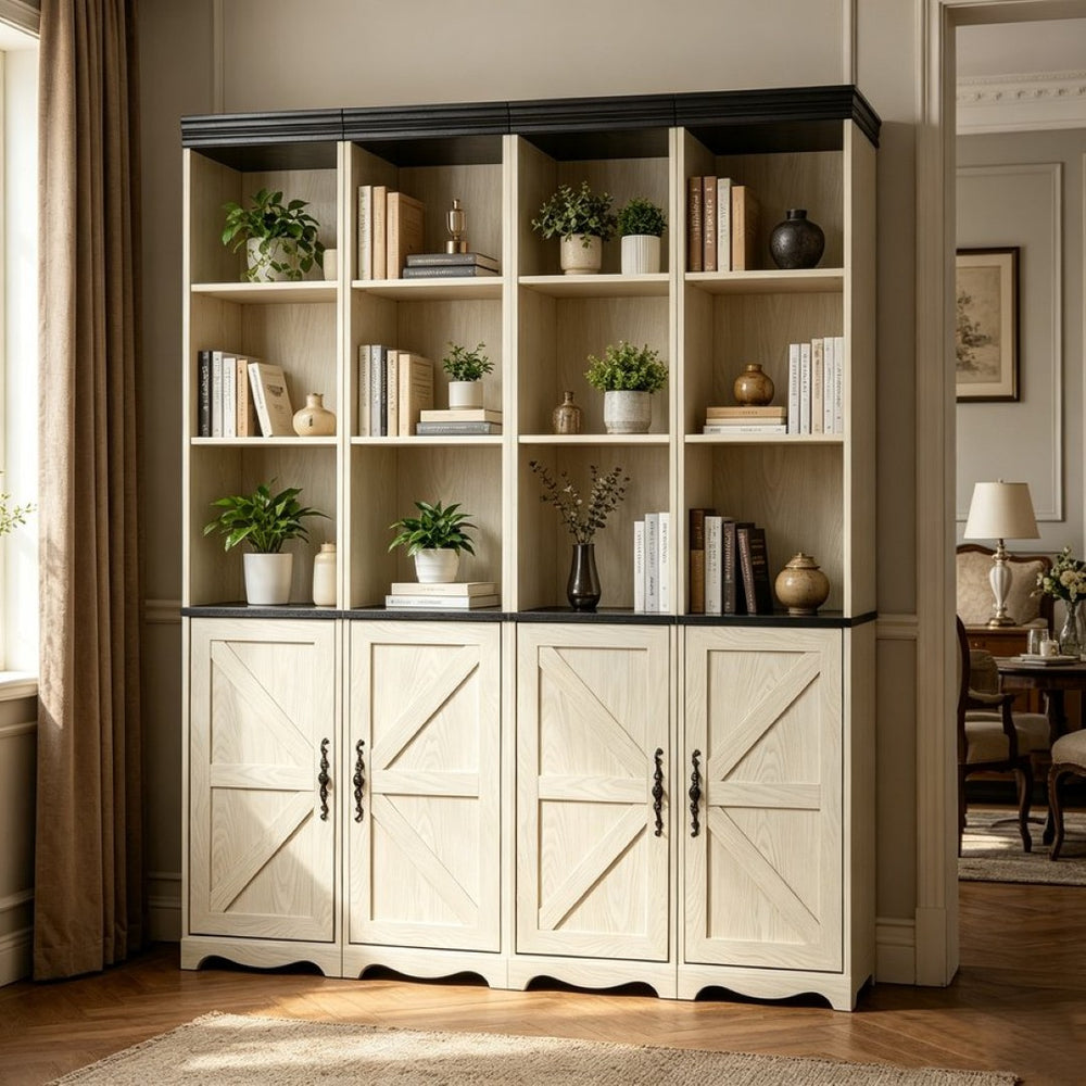 English Elm 4-in-1 Modular Farmhouse Bookcase with Open Cubbies and Closed Storage for Home Office White W2899S00029