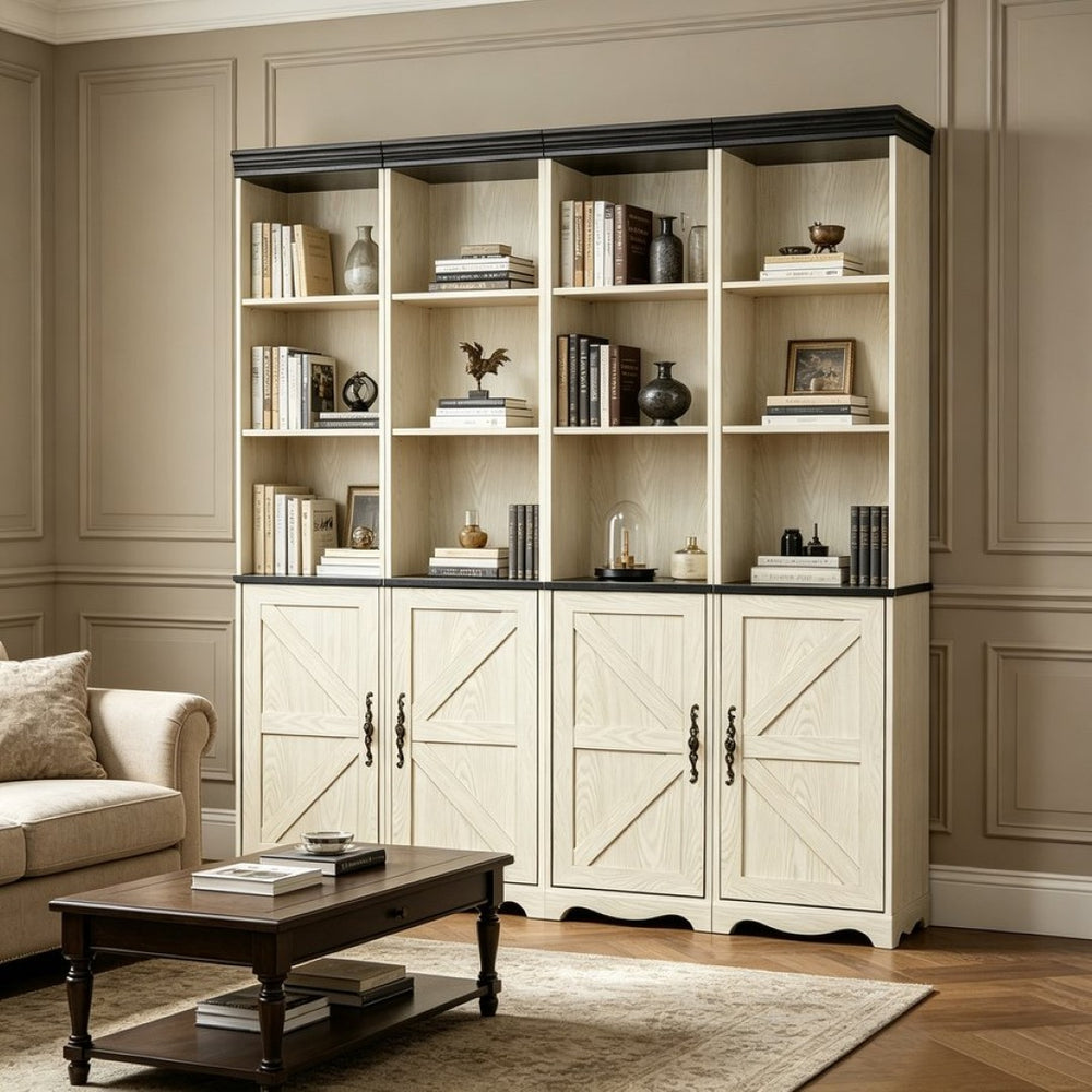 English Elm 4-in-1 Modular Farmhouse Bookcase with Open Cubbies and Closed Storage for Home Office White W2899S00029