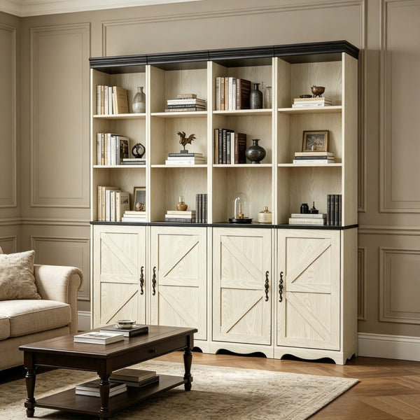 English Elm 4-in-1 Modular Farmhouse Bookcase with Open Cubbies and Closed Storage for Home Office White W2899S00029