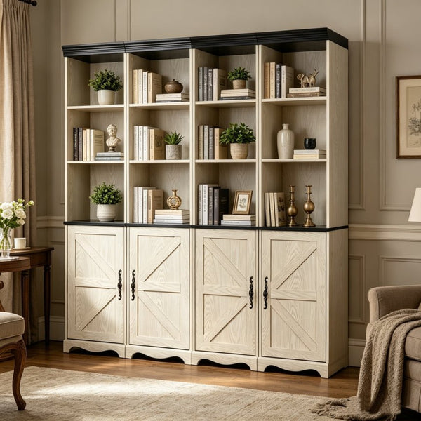 English Elm 4-in-1 Modular Farmhouse Bookcase with Open Cubbies and Closed Storage for Home Office White W2899S00029