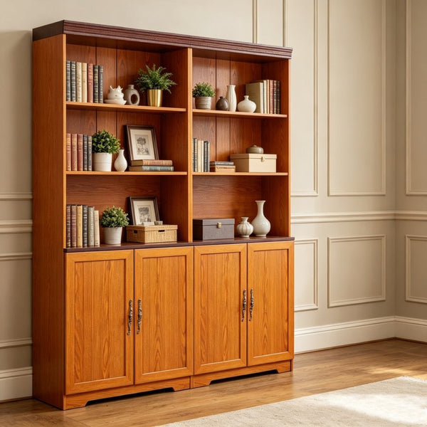 English Elm Freely Modular Mdf Bookcase Set with Adjustable Open Shelving and Enclosed Storage Doors Dark Oak W2899S00030