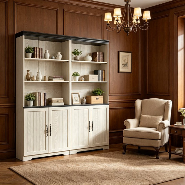 English Elm Freely Modular Mdf Bookcase Set with Adjustable Open Shelving and Enclosed Storage Doors White W2899S00031