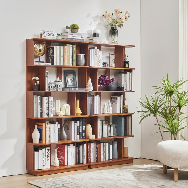 English Elm Set of 2 Modular Open Bookcases with Wood Grain Finish for Living Room or Home Office W2899S00032