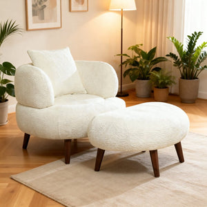 English Elm Nordic Chenille Bucket Chair with Ottoman and Pillow Cozy Lounge Seating for Living Room Antique White W2901P514981