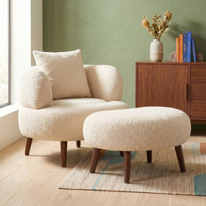 English Elm Nordic Chenille Bucket Chair with Ottoman and Pillow Cozy Lounge Seating for Living Room Antique White W2901P514981