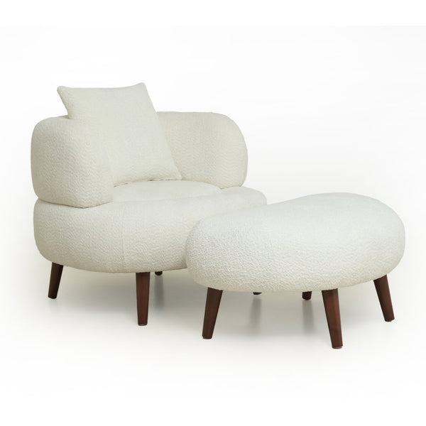 English Elm Nordic Chenille Bucket Chair with Ottoman and Pillow Cozy Lounge Seating for Living Room Antique White W2901P514981