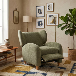 English Elm Nordic Chenille Accent Chair Curved Reclining Design for Reading Nook or Study Lounge Olive Green W2901P517651