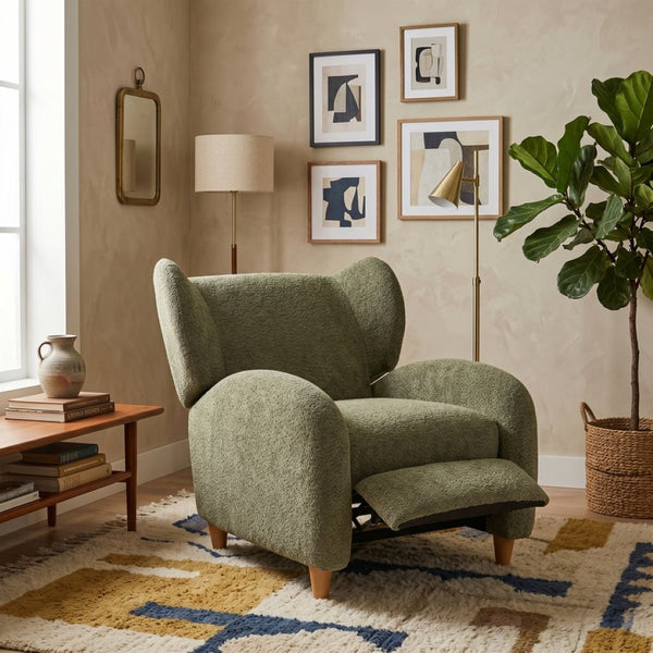 English Elm Nordic Chenille Accent Chair Curved Reclining Design for Reading Nook or Study Lounge Olive Green W2901P517651