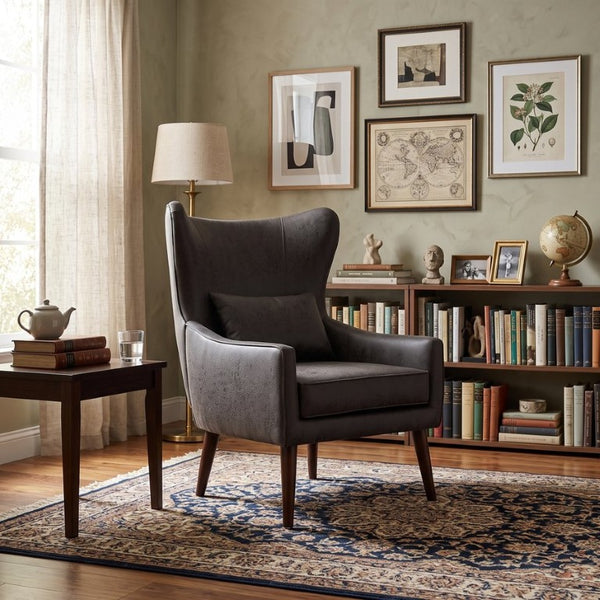 English Elm Suede Leisure Chair with Gold Foil Embossed Relief and Ergonomic Curved Back for Study W2901P557758