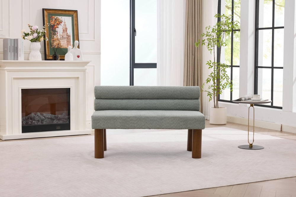 English Elm Upholstered Boucle Bench with Curved Back and Rubberwood Legs for Bedroom or Entryway W2915P461614