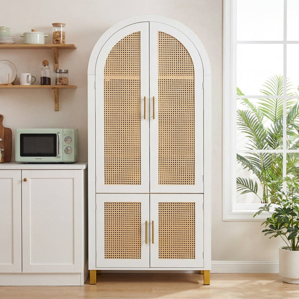 English Elm 71" Tall Rattan Door Farmhouse Cabinet with Adjustable Shelves for Dining Kitchen White W2917P493733