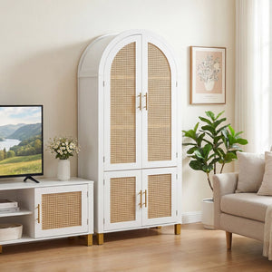 English Elm 71" Tall Rattan Door Farmhouse Cabinet with Adjustable Shelves for Dining Kitchen White W2917P493733