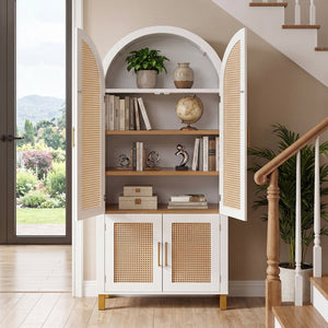 English Elm 71" Tall Rattan Door Farmhouse Cabinet with Adjustable Shelves for Dining Kitchen White W2917P493733