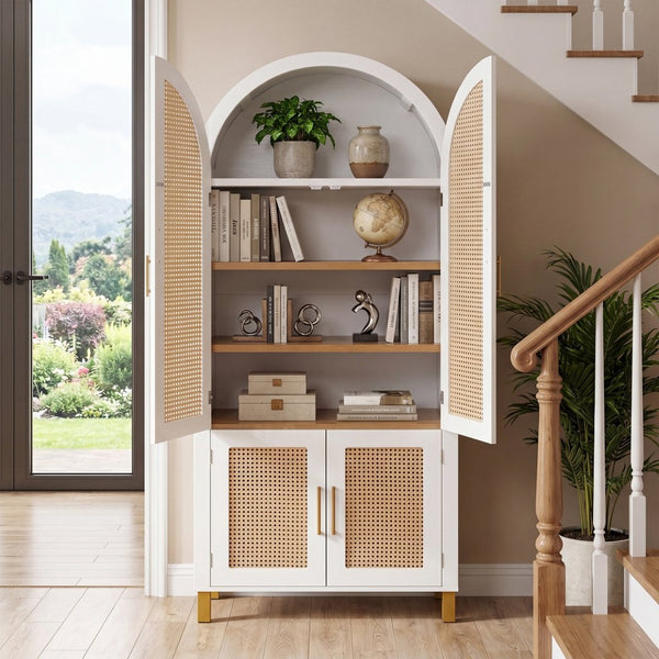 English Elm 71" Tall Rattan Door Farmhouse Cabinet with Adjustable Shelves for Dining Kitchen White W2917P493733