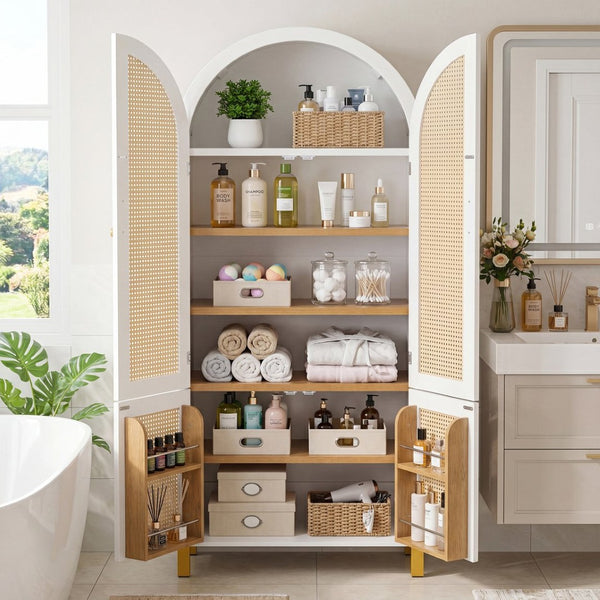 English Elm 71" Tall Rattan Door Farmhouse Cabinet with Adjustable Shelves for Dining Kitchen White W2917P493733