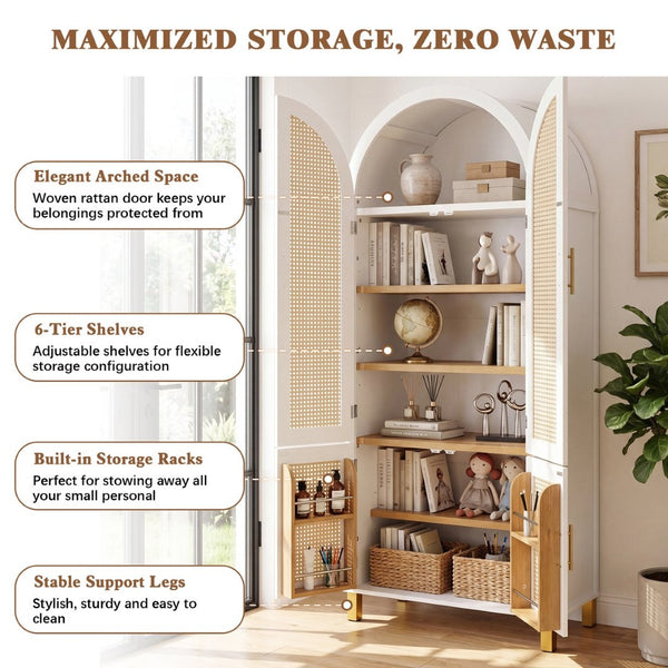 English Elm 71" Tall Rattan Door Farmhouse Cabinet with Adjustable Shelves for Dining Kitchen White W2917P493733