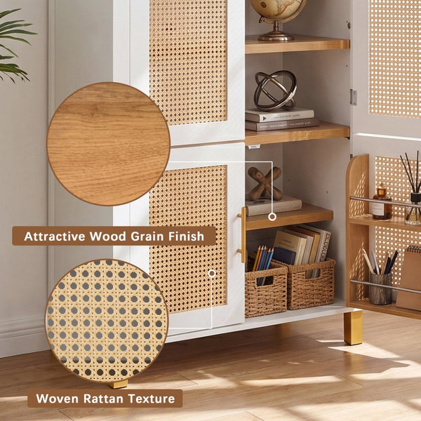 English Elm 71" Tall Rattan Door Farmhouse Cabinet with Adjustable Shelves for Dining Kitchen White W2917P493733