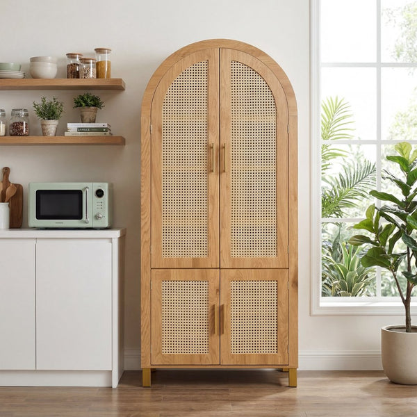 English Elm 71" Tall Rattan Door Farmhouse Cabinet with Adjustable Shelves for Dining Kitchen Oak W2917P493735